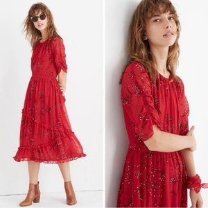 Madewell red ruffle tiered midi dress
-